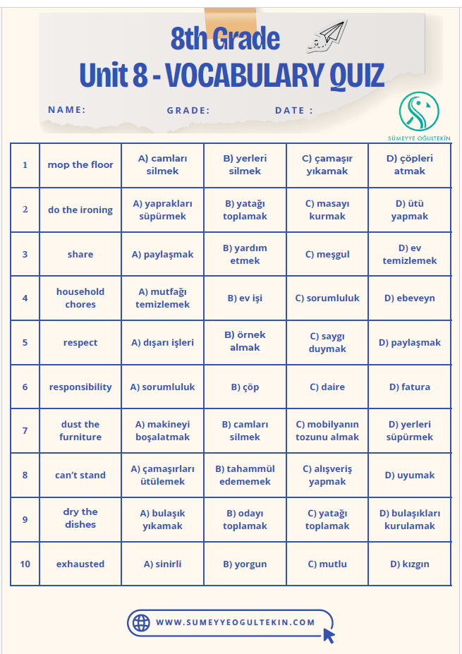 8.8 Chores VOCABULARY QUIZ (20 Kelime)